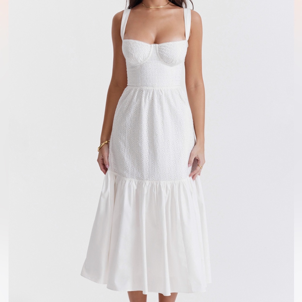 House Of Cb - Elia White Broderie Anglaise Midi Sundress (Size M, Plus Cup)